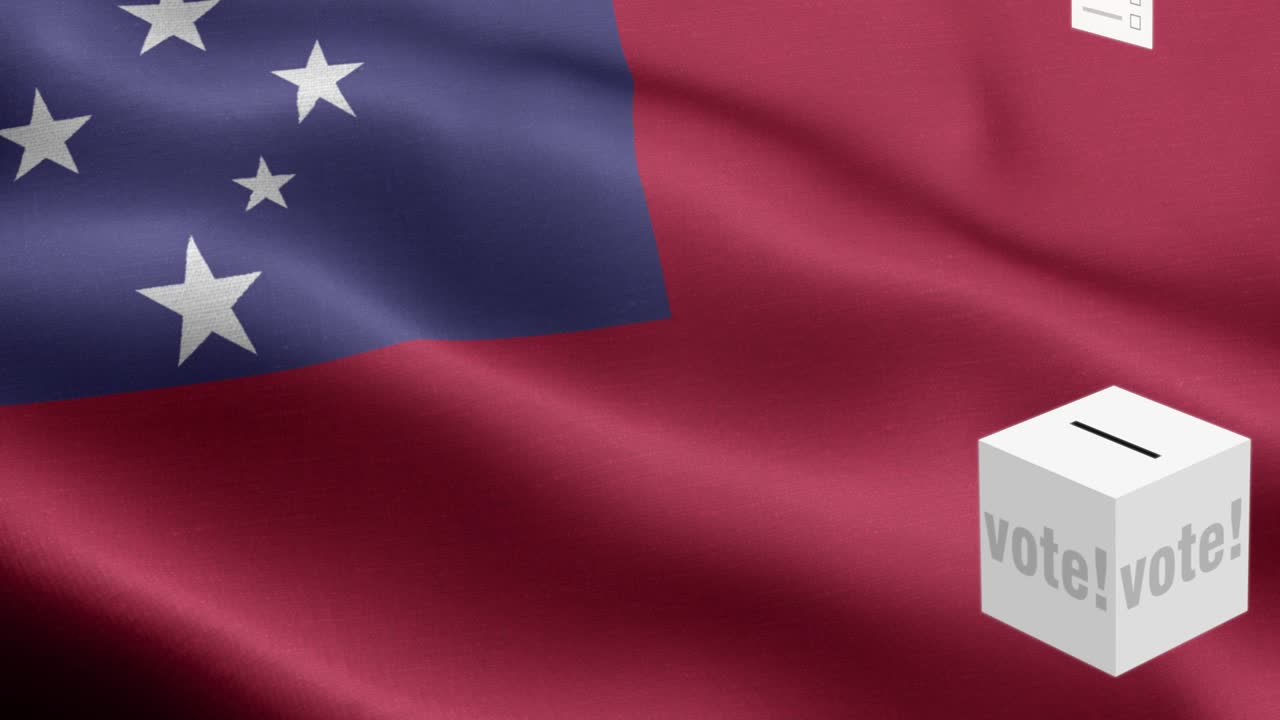 las papeletas de votación vuelan a la caja para la selección de samoa - caja de votación frente a la bandera - elección - voto - bandera de samoa - bandera de samoan alto detalle - bandera nacional patrón de onda de samoa elementos loopable
