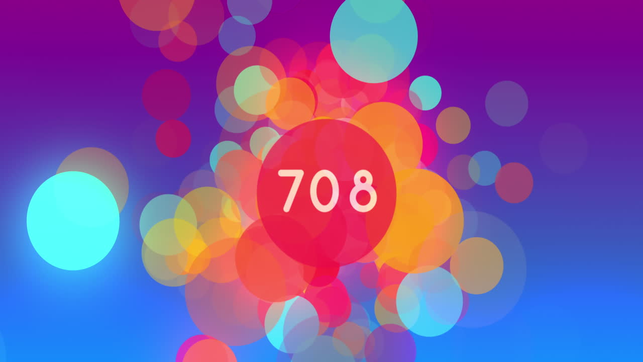 animación de círculos de colores flotantes y un número en blanco en el círculo rojo central que aumenta a 2000