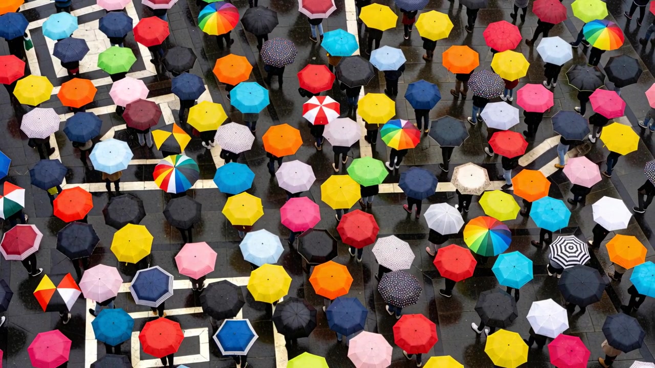 Regen fällt, eine dichte Gruppe bunter Regenschirme bewegt sich über einen nassen Platz und enthüllt ein gemaltes Raster.
