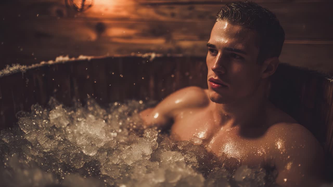 Un momento di relax: un giovane si gode un'esperienza rilassante con un bagno di ghiaccio, immerso in una luce soffusa e un'atmosfera accattivante, che trasuda calma e serenità