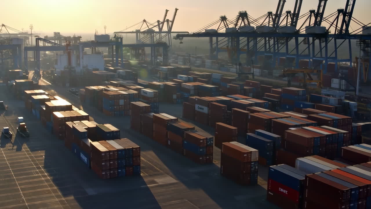 Aerial View of a Busy Shipping Container Terminal at Sunrise