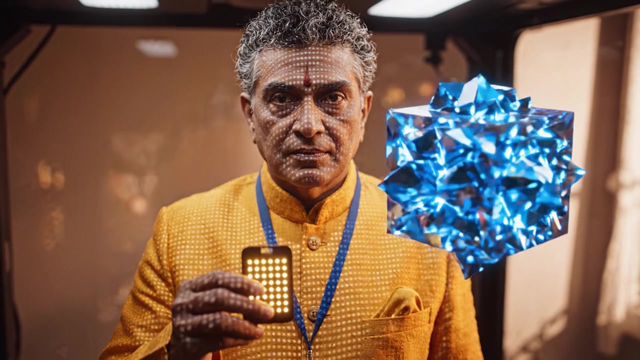 Un Uomo in Abito Tradizionale Giallo Interagisce con un Cubo Luminoso, Mostrando Tecnologia Avanzata e Innovazione Digitale in un Ambiente Futuristico