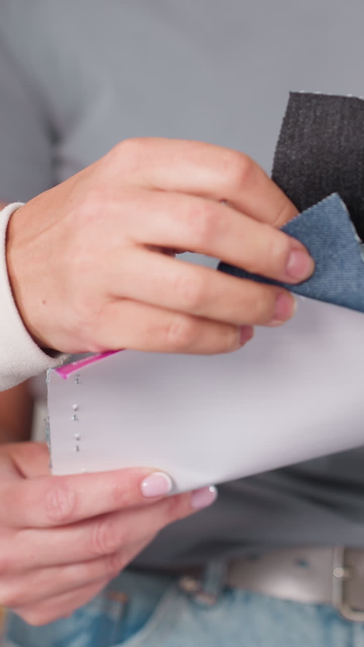 Intercambio de muestras de tela en un libro, primer plano en un estudio con una guía amable, dos mujeres comparando tela vaquera y muestras oscuras, muñequera visible en la mano que guía, enfoque táctil en la textura y el acabado