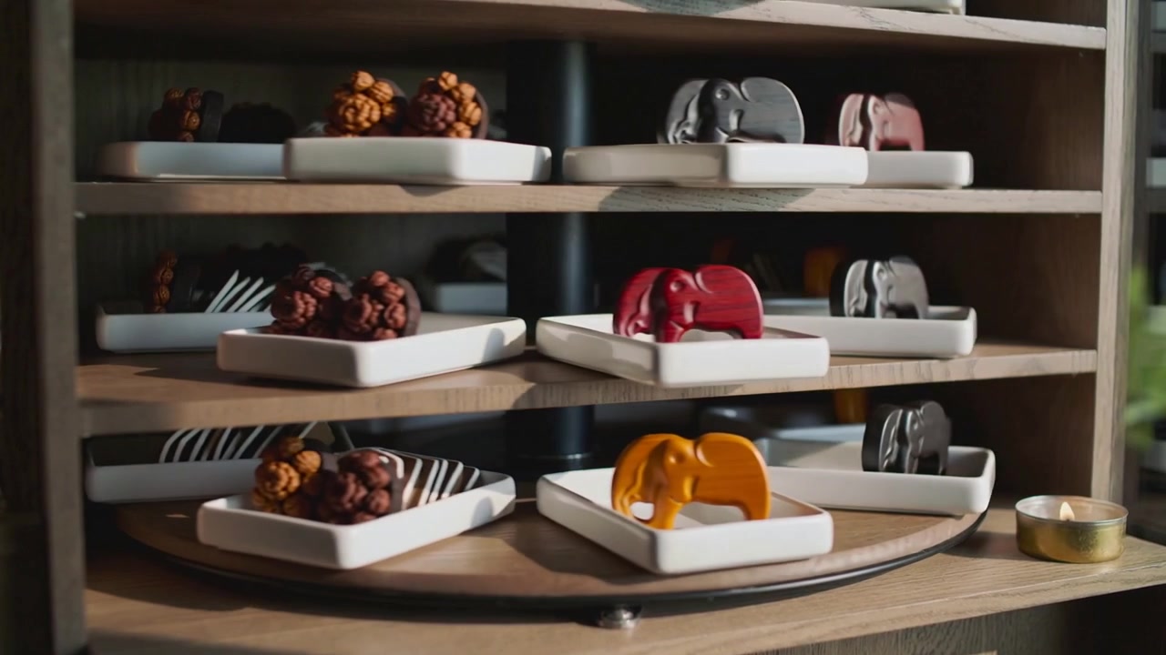 Motor starting tiers rotating in cafe, showing white dishes, chocolate bites, elephant cookies