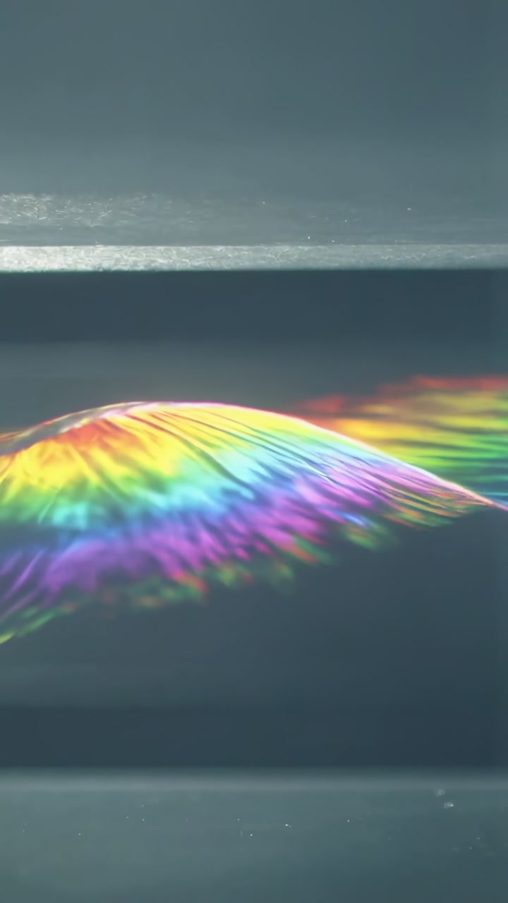 Vertical video: Rippling rainbow film bulging right between metal bars from left pulse sending wave