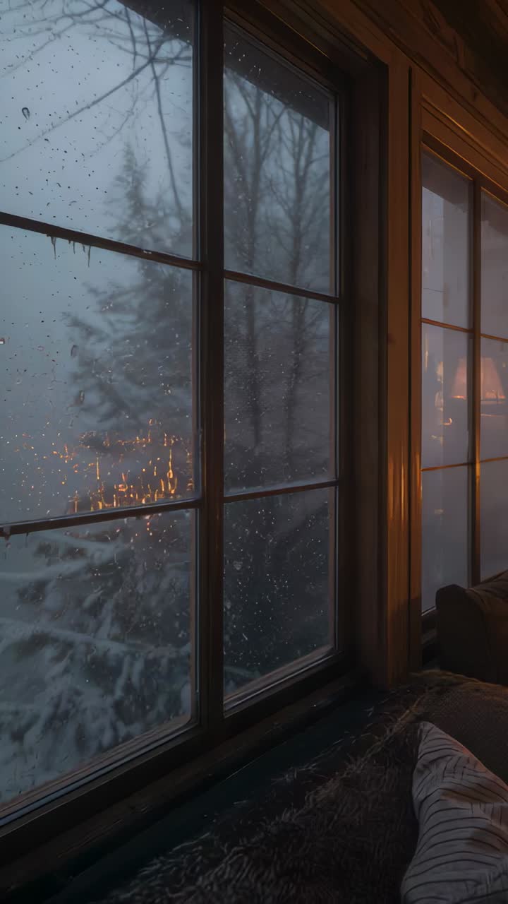Vertical video: Panning shot showing paned window with wet glass and snowy trees at home for mood