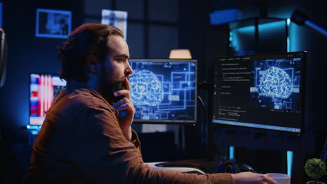 IT expert enjoying hot beverage while running AI simulations