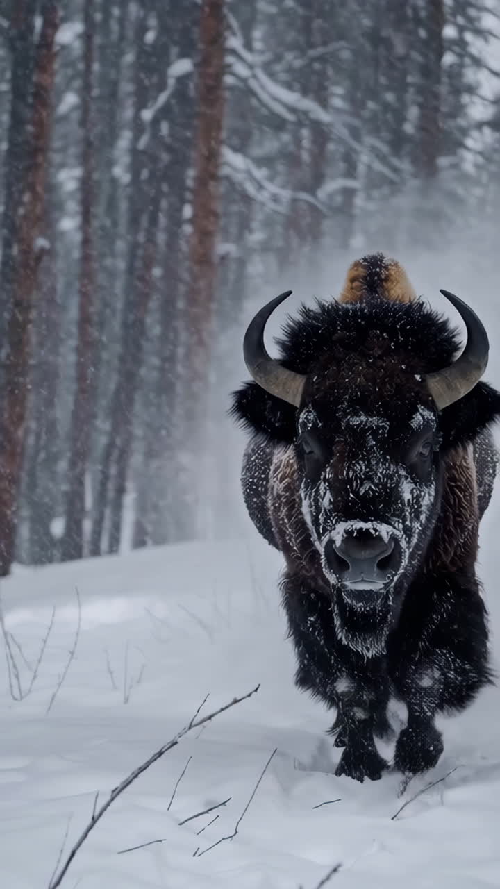 Bison Running Through a Snowy Forest