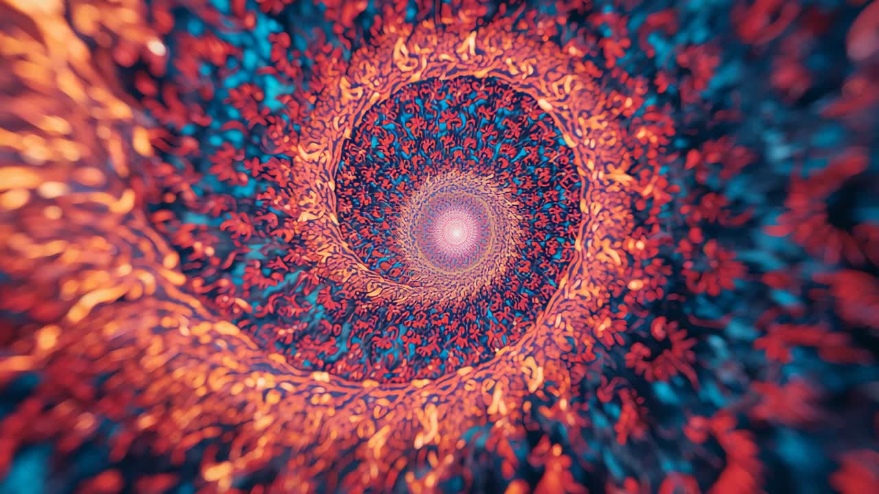 Starting fractal spiral rotating and zooming inward, revealing glowing orb and swirling tendrils