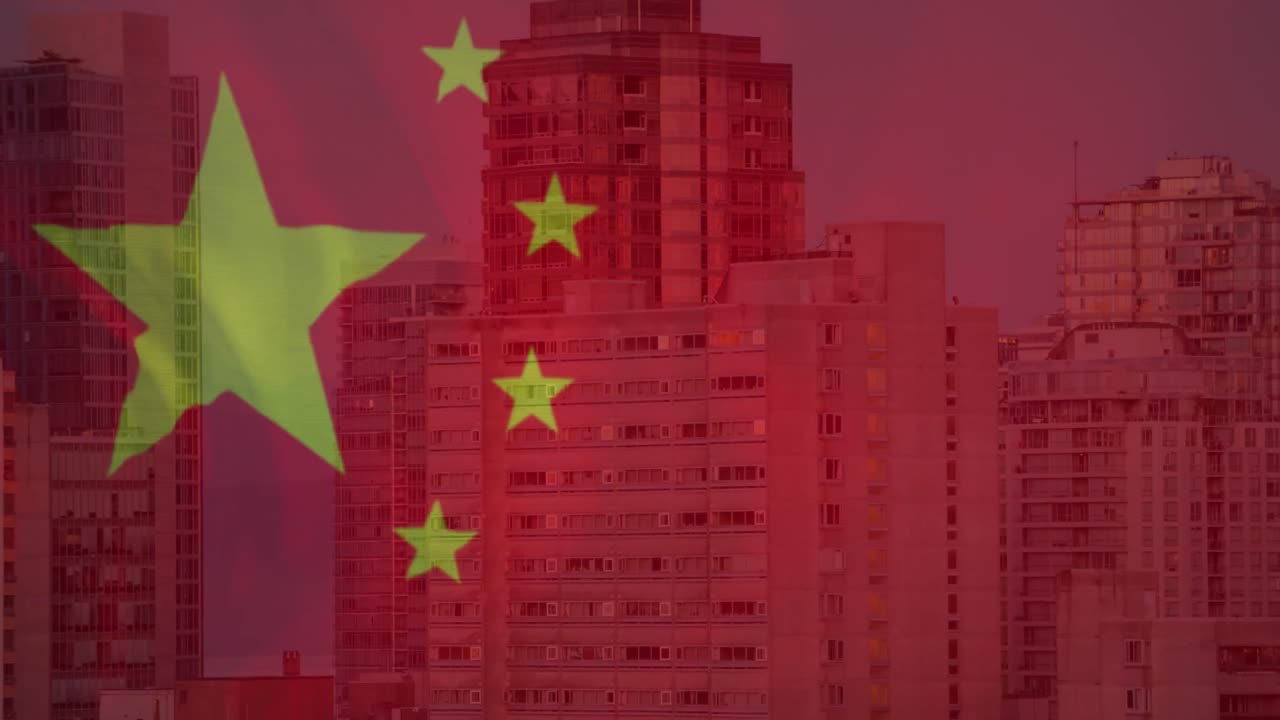 Animação de paisagem urbana sobre a bandeira da China