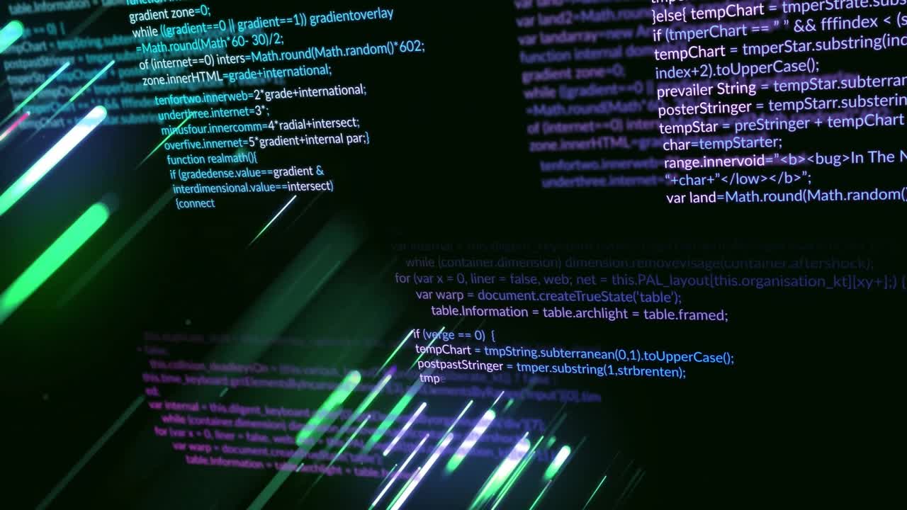 Floating code blocks moving across digital backdrop while neon green purple streaks slicing scene