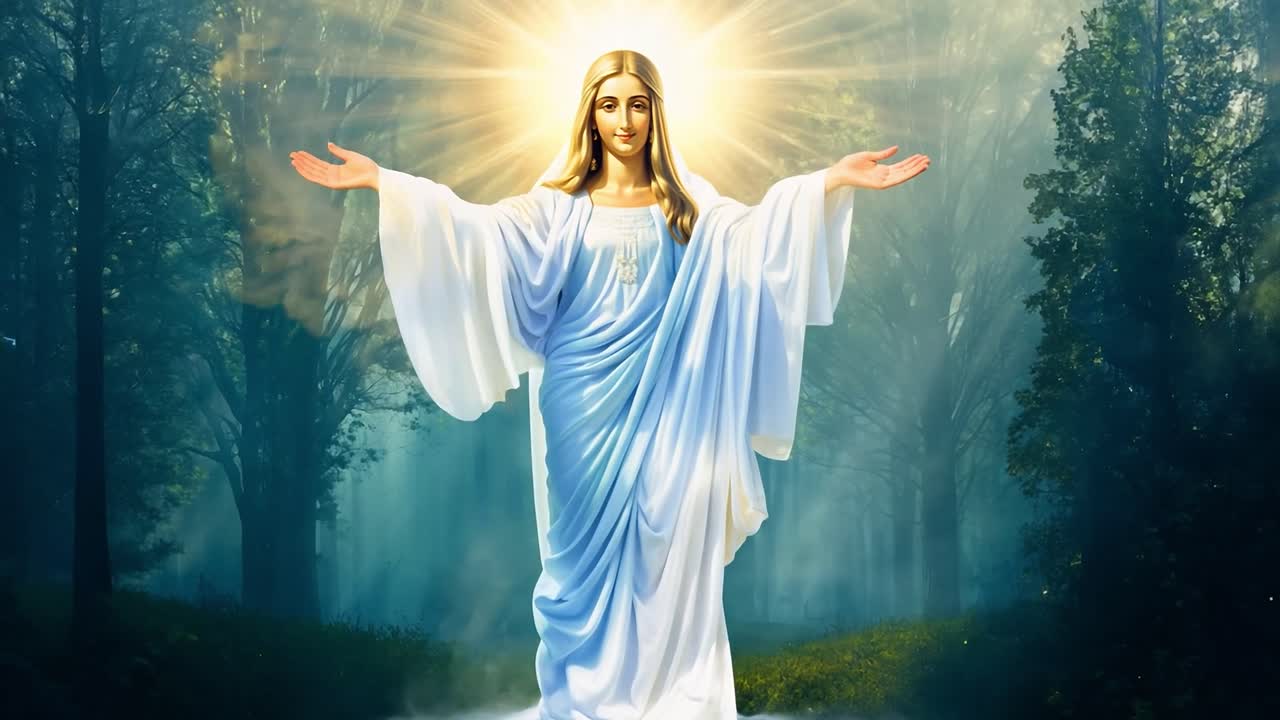 Immagine della Vergine Maria in un ambiente boschivo