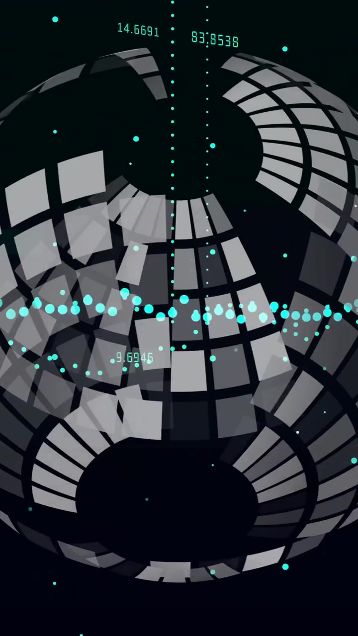 Animation of circular data visualization with numbers and dots on dark background