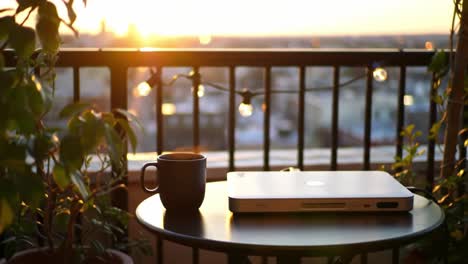 a serene balcony scene at sunset featuring a laptop and coffee cup surrounded by lush greenery and decorative string lights, perfect for relaxation and work