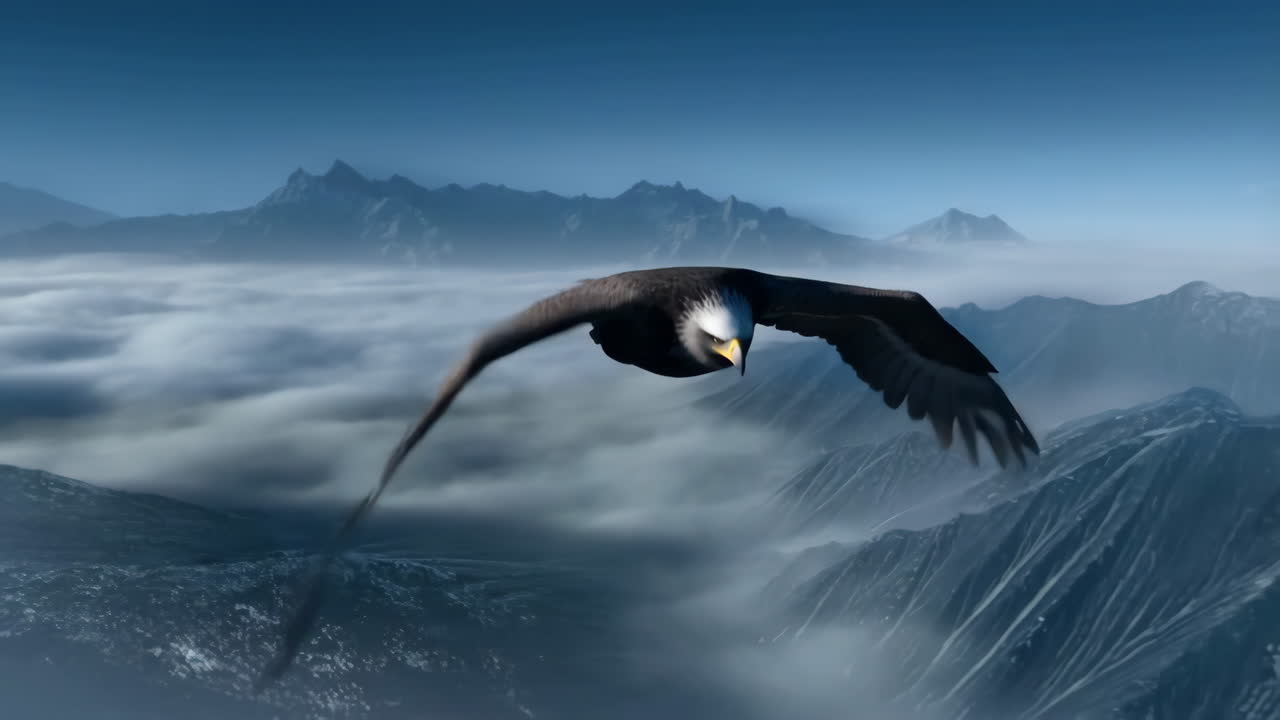 Eagle Soaring Above Misty Mountains