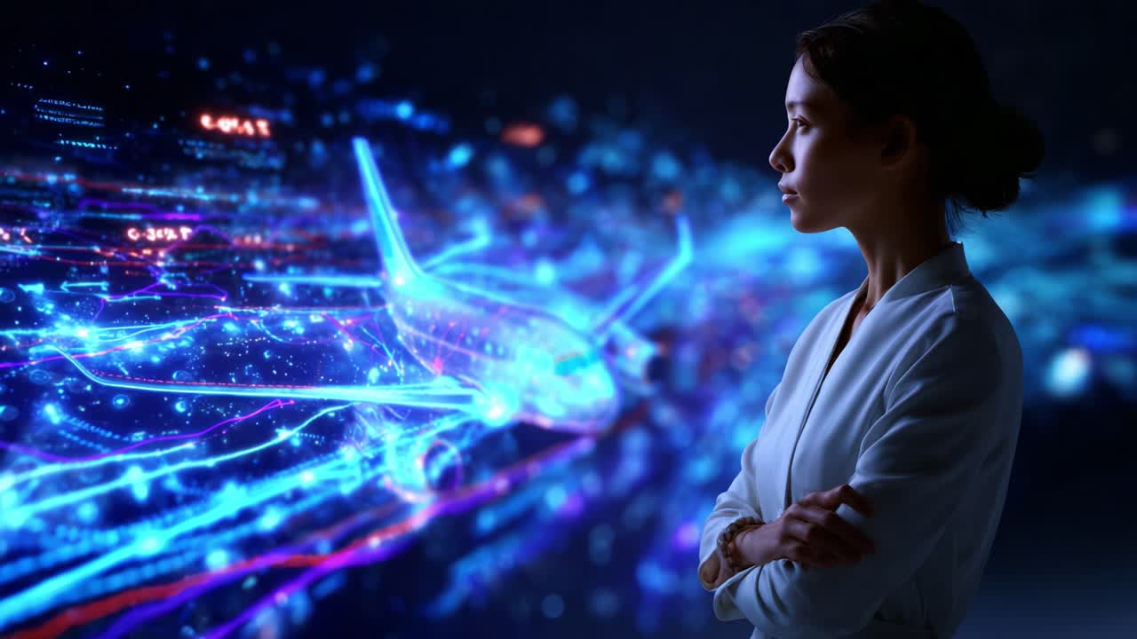 Visualizzazione futuristica della tecnologia aeronautica con una donna che osserva la trasformazione digitale nei viaggi aerei e nei progetti di aeromobili in un ambiente high-tech