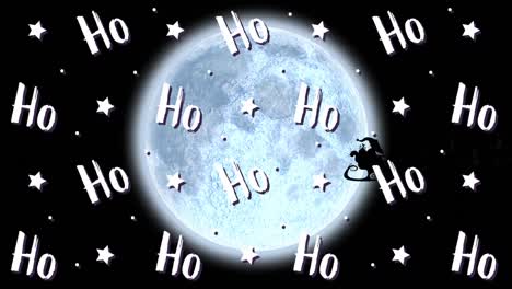 animation of ho ho ho text with santa claus in sleigh being pulled by reindeers and full moon on bla