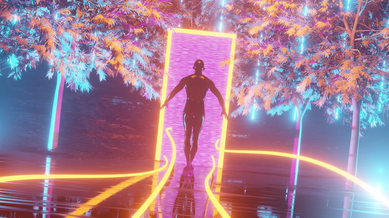 Neon Portal in a Futuristic Forest