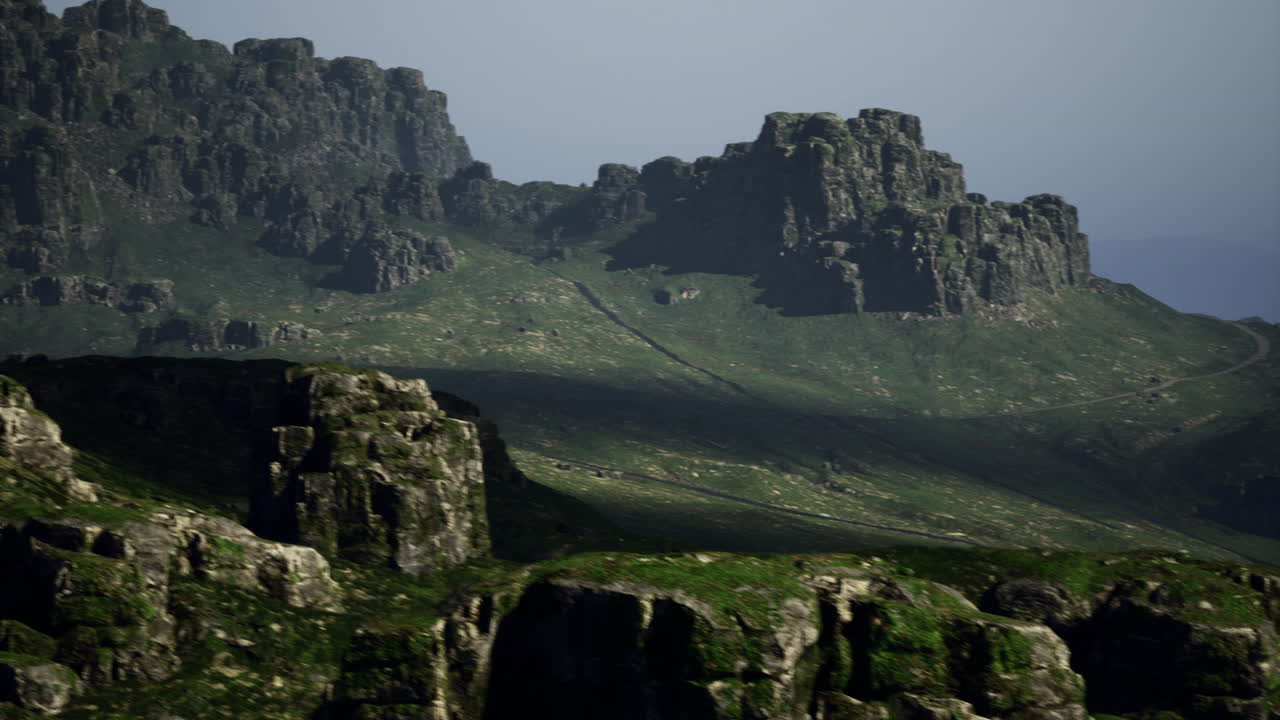 Majestic rocky landscape with dramatic cliffs and shadows in daylight