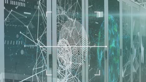 Animation-of-biometric-fingerprint-scanner-and-plexus-networks-against-computer-server-room