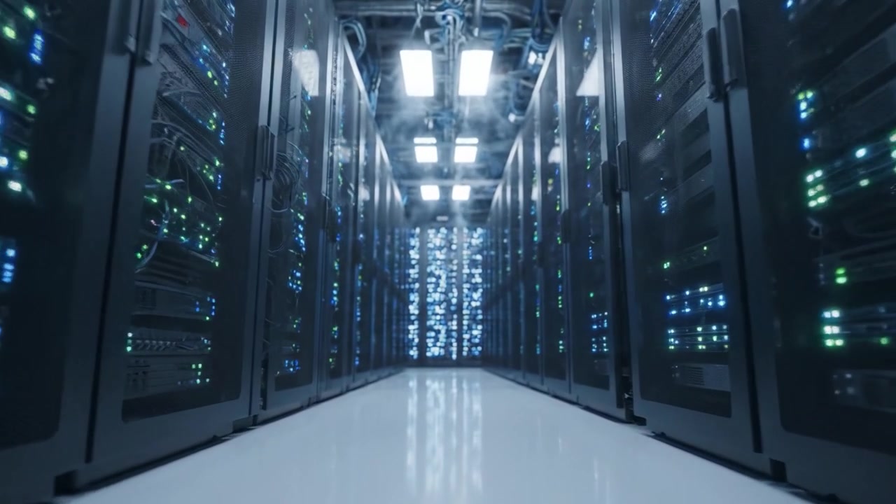 A Glimpse into a Modern Data Center: Rows of High-Tech Servers Illuminated in a Structured Environment, Showcasing the Heart of Digital Infrastructure