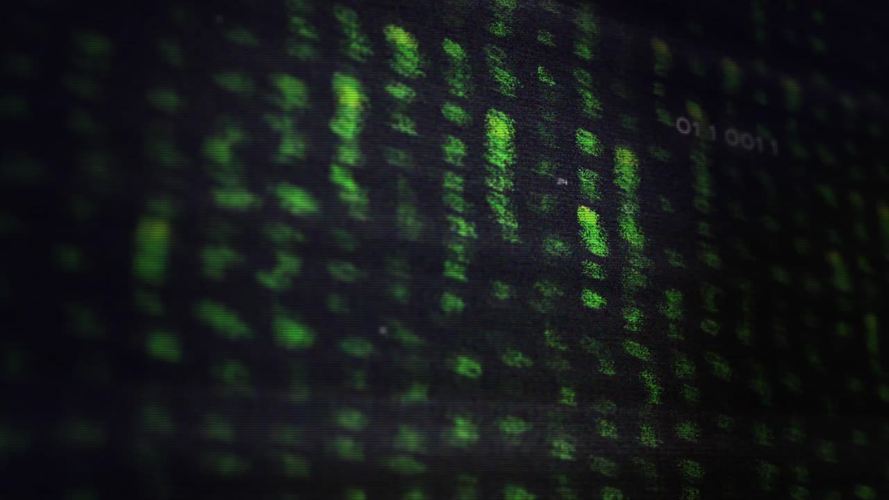 Animation of data processing and green integrated circuit on black background