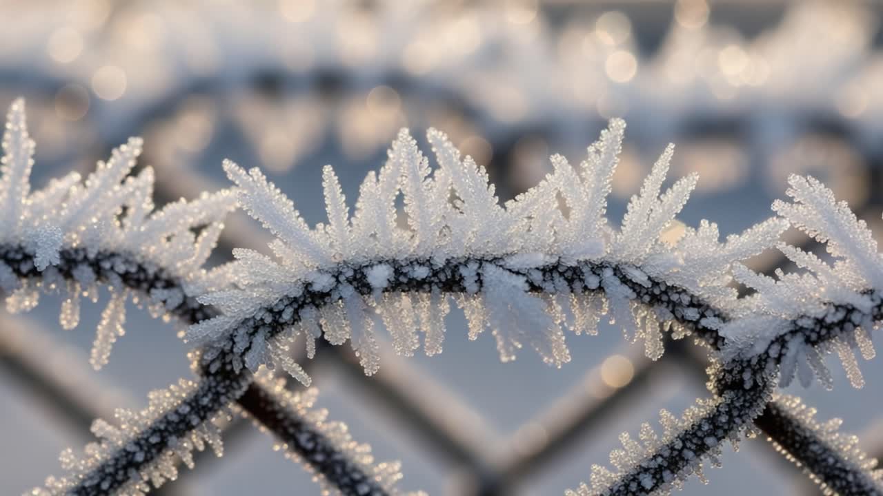 Captivating Frost Patterns on a Metal Fence Close-Up, Showcasing Intricate Ice Crystals Glimmering Under Soft Natural Light in a Winter Wonderland Setting