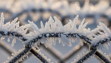 captivating frost patterns on a metal fence close-up, showcasing intricate ice crystals glimmering under soft natural light in a winter wonderland setting