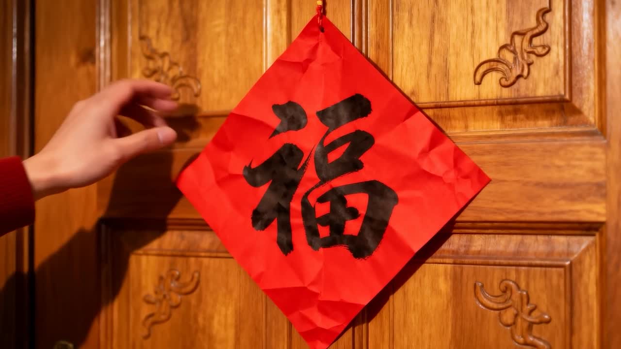Approaching person wearing red sleeve placing and adjusting red '?' paper on wooden door with hook