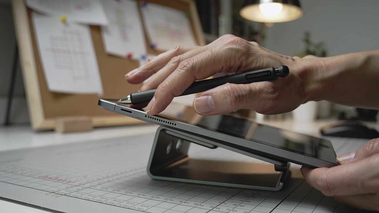 Person Using Stylus Pen on Tablet in Office Workspace