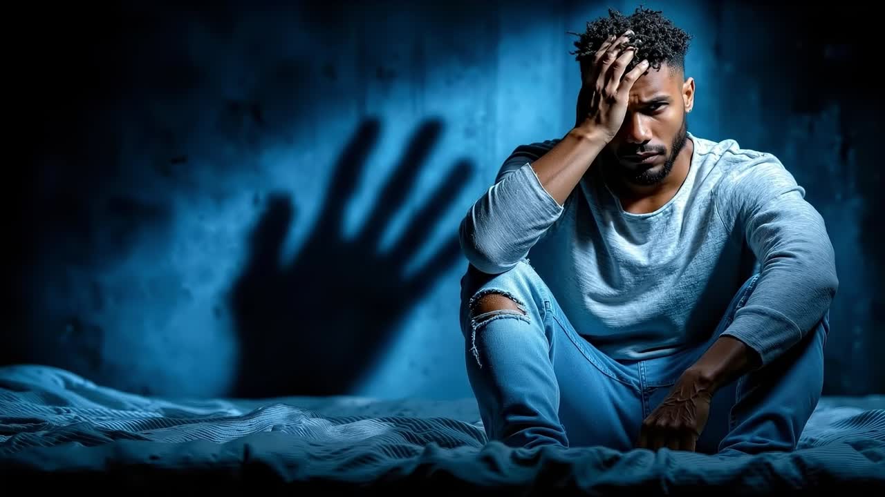 A man sitting on a bed with his hand on the bed