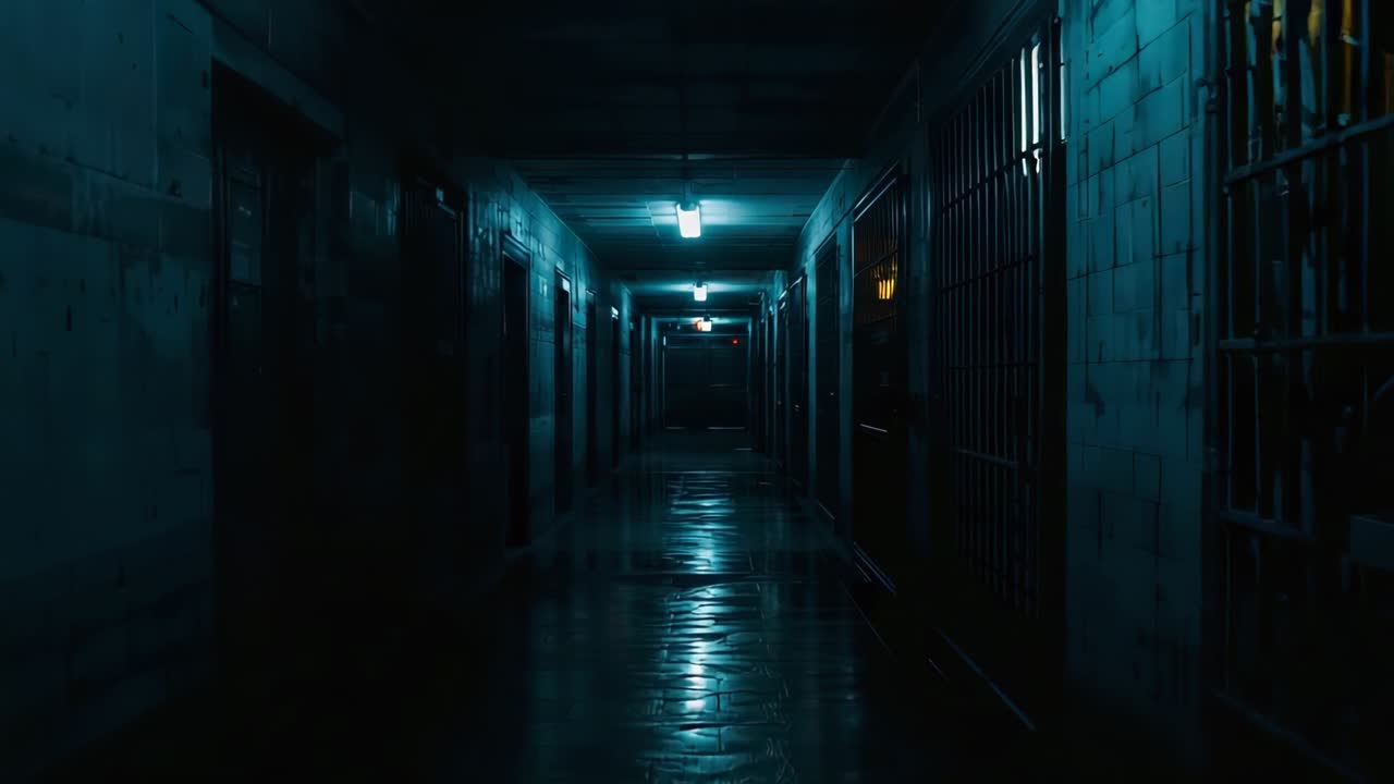 Flickering tube light lighting prison corridor, showing wet floor shine and barred cell warm glow