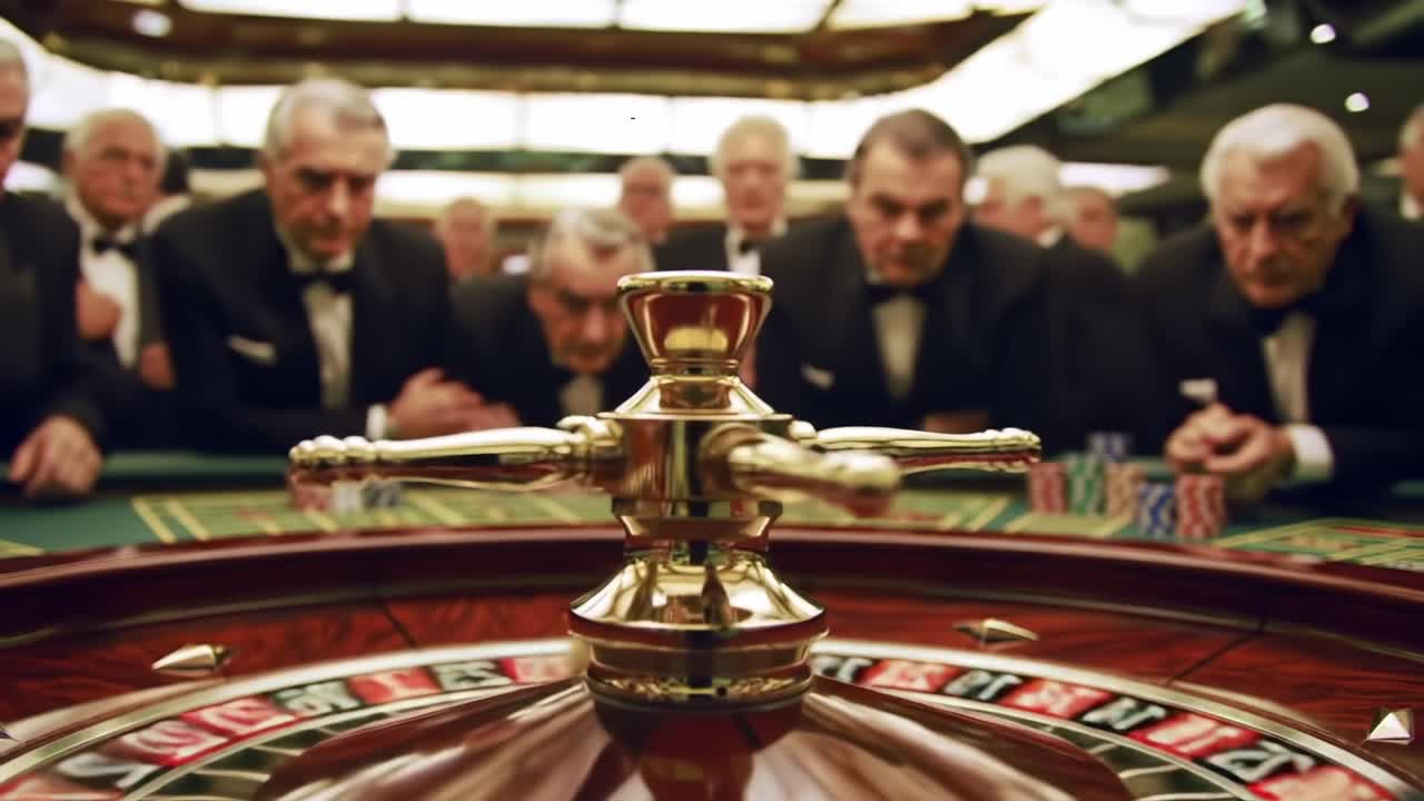 A Riveting Roulette Showdown: A Group of Distinguished Gamblers Focused on Their Next Big Move Amidst the Tension of the Casino Floor