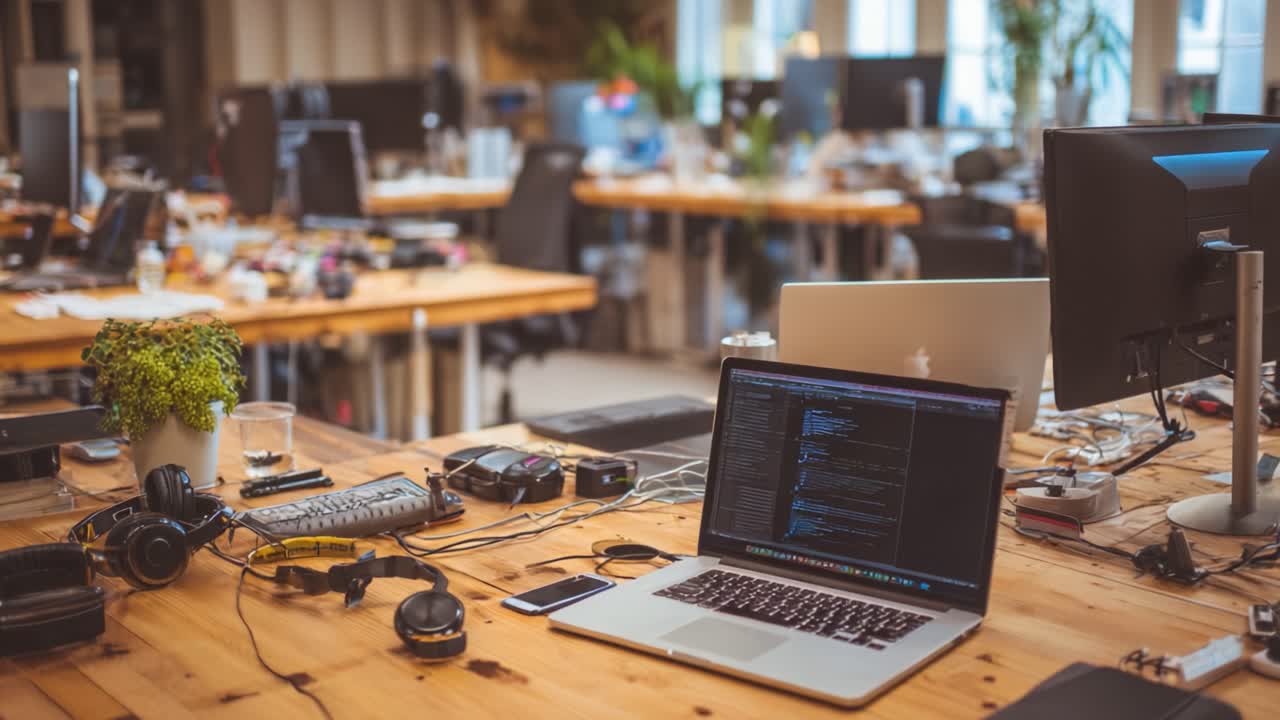 A Modern Workspace Featuring Laptops, Technical Equipment, and Collaborative Elements in a Bright Office Environment Designed for Productivity and Creativity