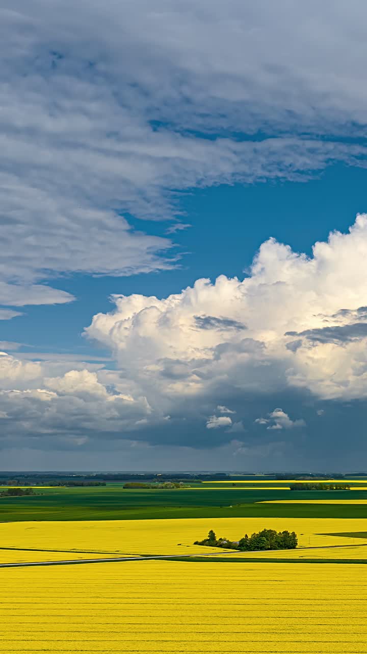 Agriculture land timelapse low level clouds moving over rapeseed oil crop plants yellow field