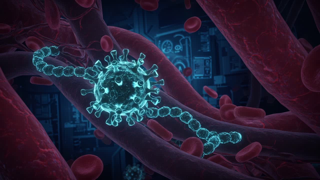 Primer plano de un virus con glóbulos rojos en el sistema circulatorio humano, que muestra detalles intrincados de la estructura viral y la interacción sanguínea