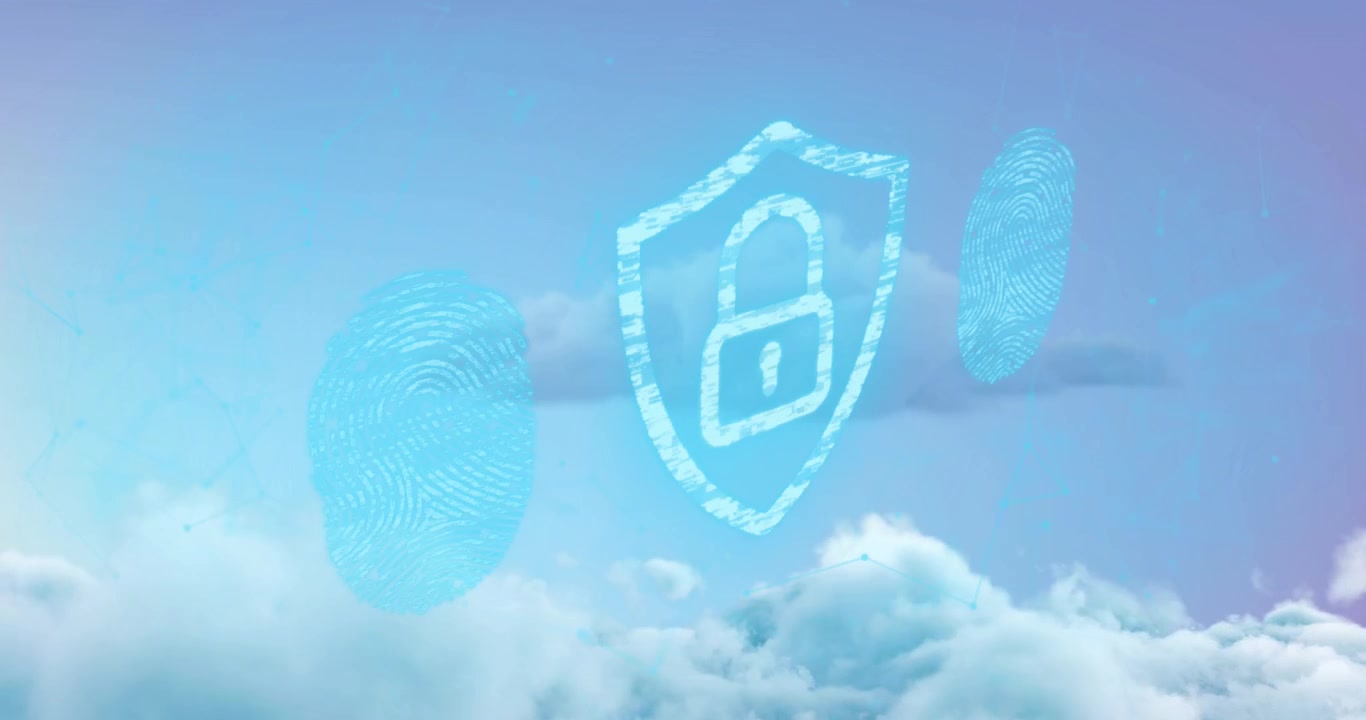 Animazione di uno scanner biometrico di impronte digitali e di un'icona di lucchetto di sicurezza contro le nuvole nel cielo blu