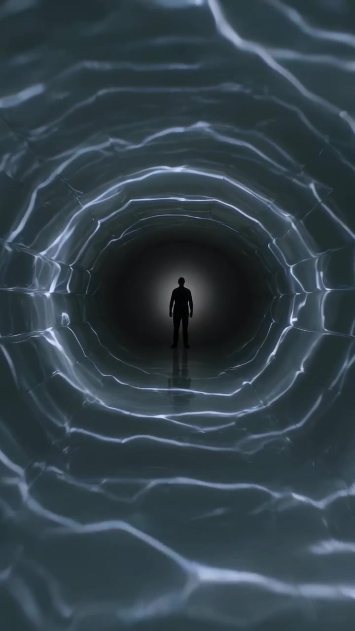Vertical video: Camera panning as dark figure approaching ringed tunnel, mirroring on glossy floor