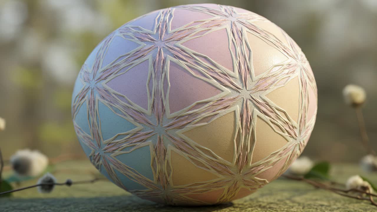 Beautifully Crafted Decorative Egg with Intricate Patterns in Soft Pastel Shades Surrounded by Natural Elements, Highlighting Artistic Design and Seasonal Aesthetics