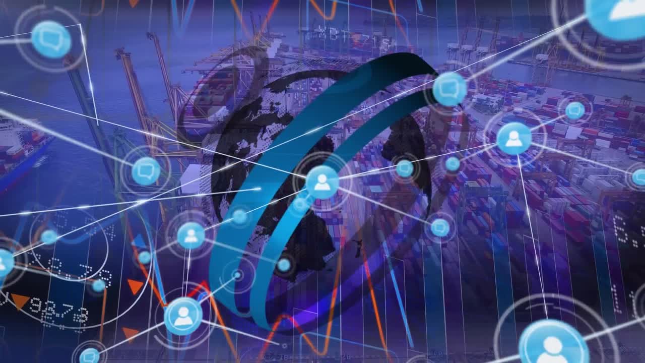 포트 오버 아이콘으로 연결된 글로브와 네트워크의 애니메이션