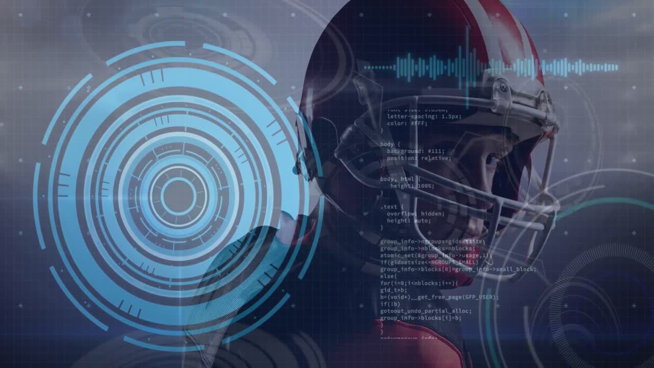 animación del procesamiento de datos sobre un jugador de fútbol americano con pelota