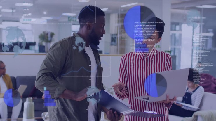 Animation af finansiel databehandling over forskellige forretningsfolk, der arbejder sammen på et kontor