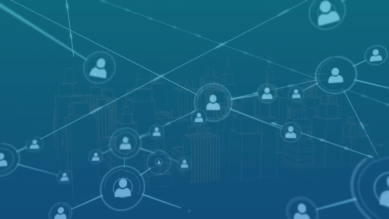 animación de la red de conexiones con procesamiento de datos sobre el paisaje urbano