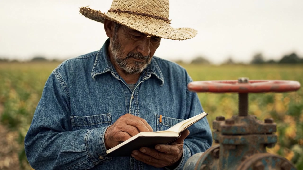 Un agricoltore assorto nei pensieri studia il suo taccuino accanto a una valvola meccanica in un vasto campo agricolo, catturando l'essenza della dedizione alla terra e ai raccolti