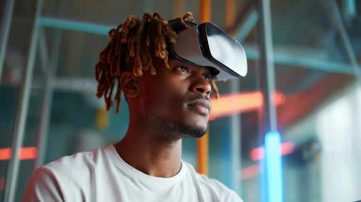 Esplorando nuove realtà: un giovane coinvolto in un'esperienza di realtà virtuale con un visore VR avanzato, immerso in un ambiente vivace che riflette il futuro della tecnologia e dell'interazione di gioco.