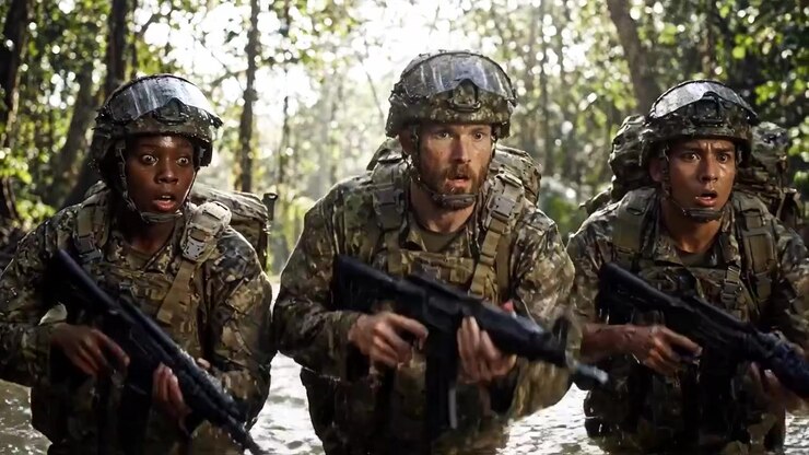 Soldati che navigano acque insidiose nella giungla: squadra tattica in equipaggiamento mimetico che si prepara a una minaccia invisibile in un contesto di intensa operazione militare.