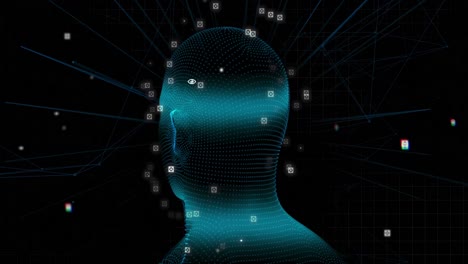human head model spinning against network of connections on black background