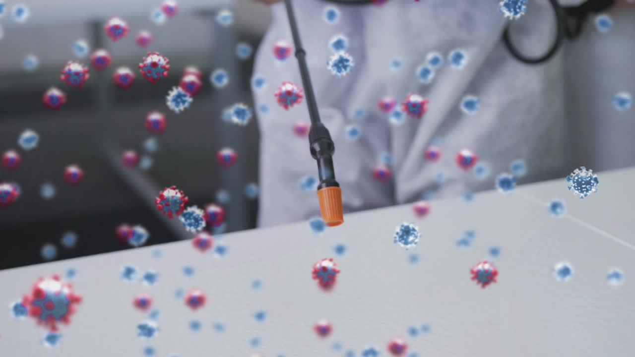 Lab tech lowering orange-tip wand onto bench upon tip entry, virus overlay showing contamination