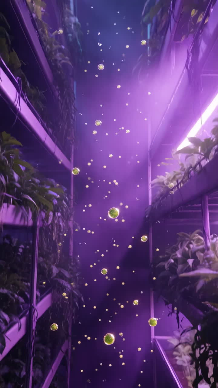Futuristic Vertical Farm with Glowing Purple Lights and Floating Green Particles