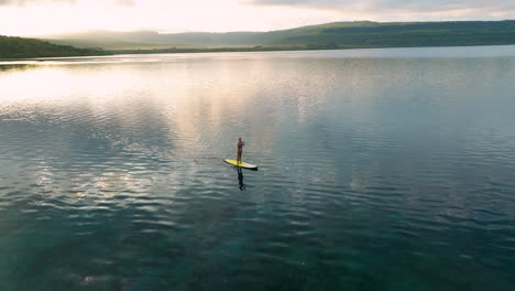 woman rowing a paddleboard on a lake in moso island, vanuatu - aerial drone shot